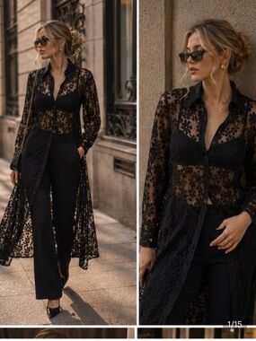 Zara Black Sheer Floral Lace Longline Shirt dress